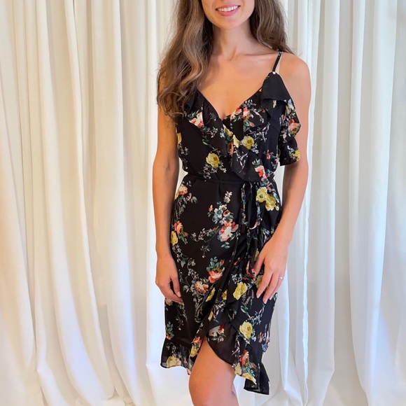 Black Floral Wrap Dress with Spaghetti straps - Picture 2 of 4